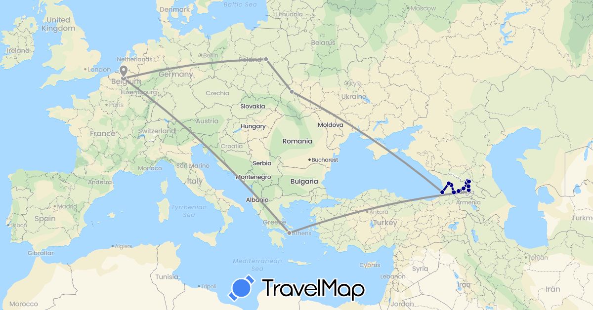 TravelMap itinerary: driving, plane in Belgium, Georgia, Greece, Poland, Ukraine (Asia, Europe)